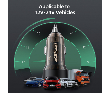Мощно Зарядно за Кола Acefast B12, 60W, USB-C + USB-A, Черно - Image 3
