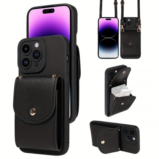 TP-110 Луксозен Кейс за iPhone 16 Pro Max с връзка и портфейл - Черен