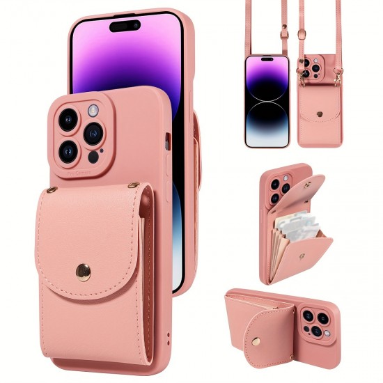 TP-110 Луксозен Кейс за iPhone 16 Plus с връзка и портфейл - Розов